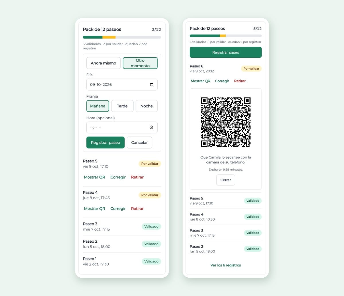 Registrar un paseo en otro momento con día, franja y hora; y el QR del paseo para que el tutor lo escanee