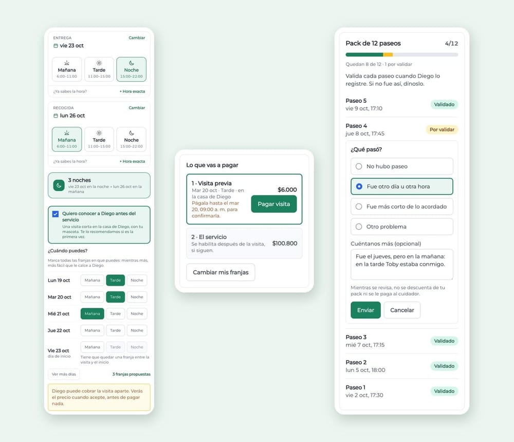 Tres pantallas de Snup: pedir la visita previa, pagarla y el pack de paseos