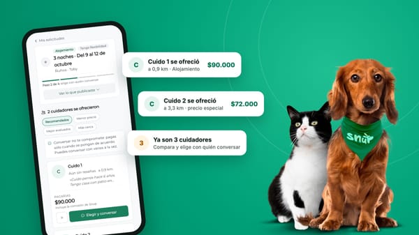 La pantalla de ofertas de una solicitud en Snup, con cuidadores que se ofrecen con su precio, junto a un perro y un gato