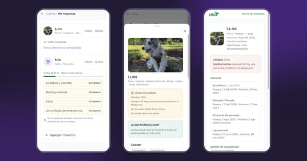 Tres pantallas de Snup: la lista de mascotas, la ficha que ve el cuidador y la ficha veterinaria
