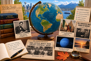 Antique globe with images of emancipation, the Little Rock Nine, Mexican independence and Neptune