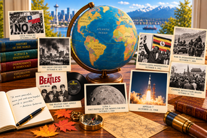 Antique globe with historical images of Chile's democracy, Uganda's independence, Luna 3 and Apollo 7