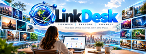 LinkDesk™ digital discovery platform featuring a connected globe, website categories, AI tools and online resources.