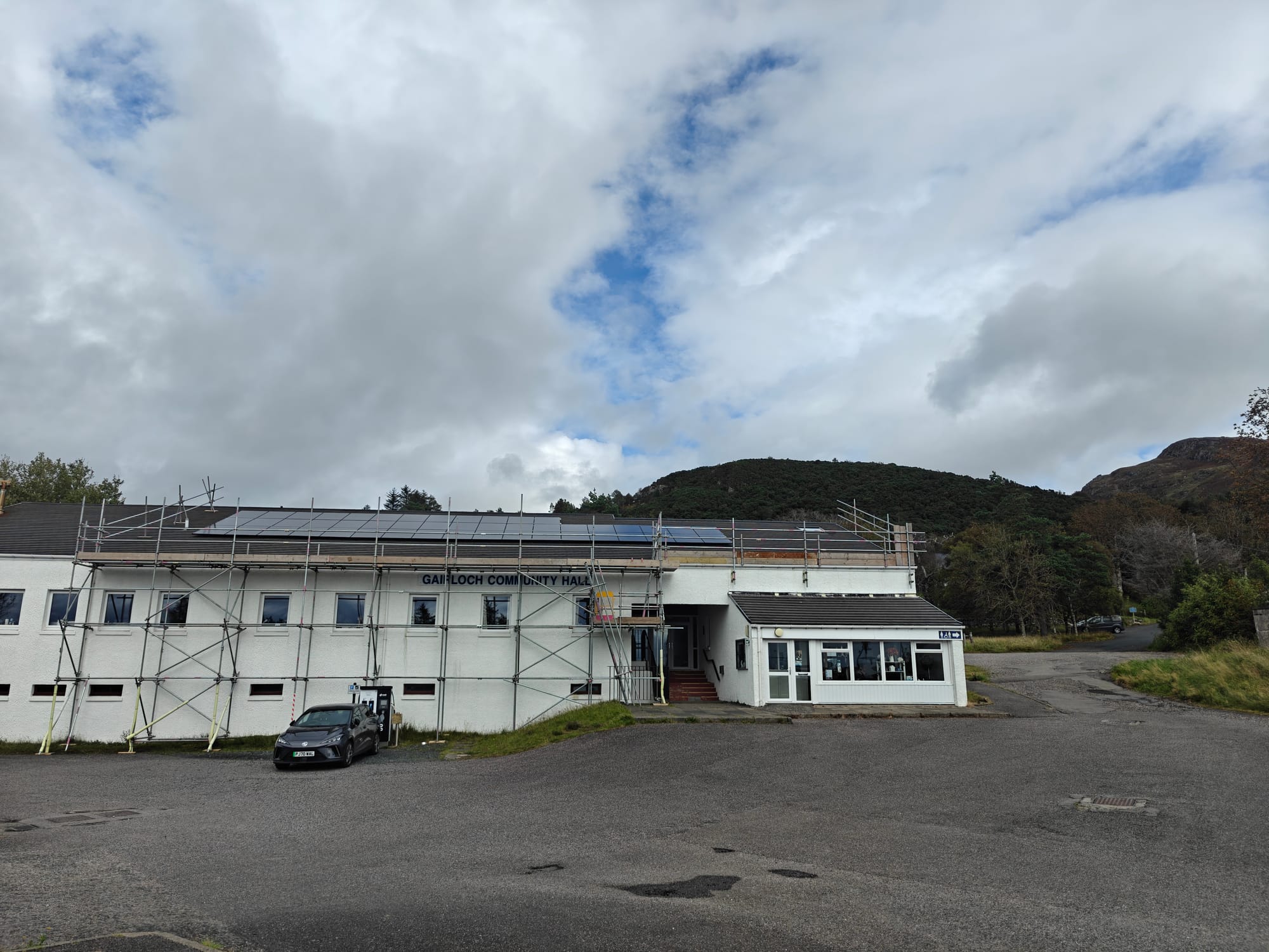 Gairloch Community Hall with solar panels on the roof