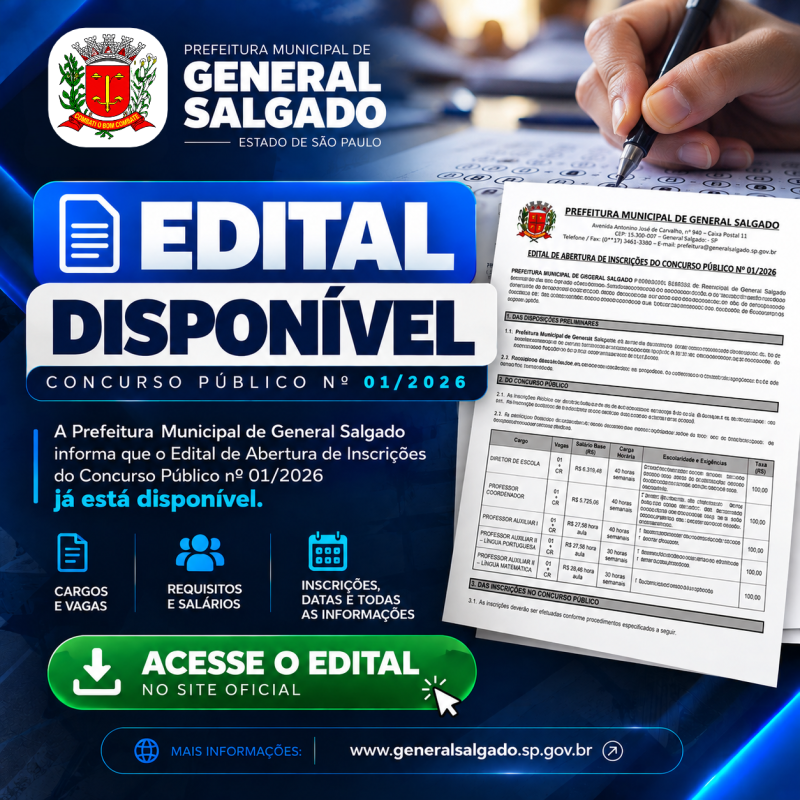 Edital Concurso Prefeitura de General Salgado (SP) 2026: salários de ...