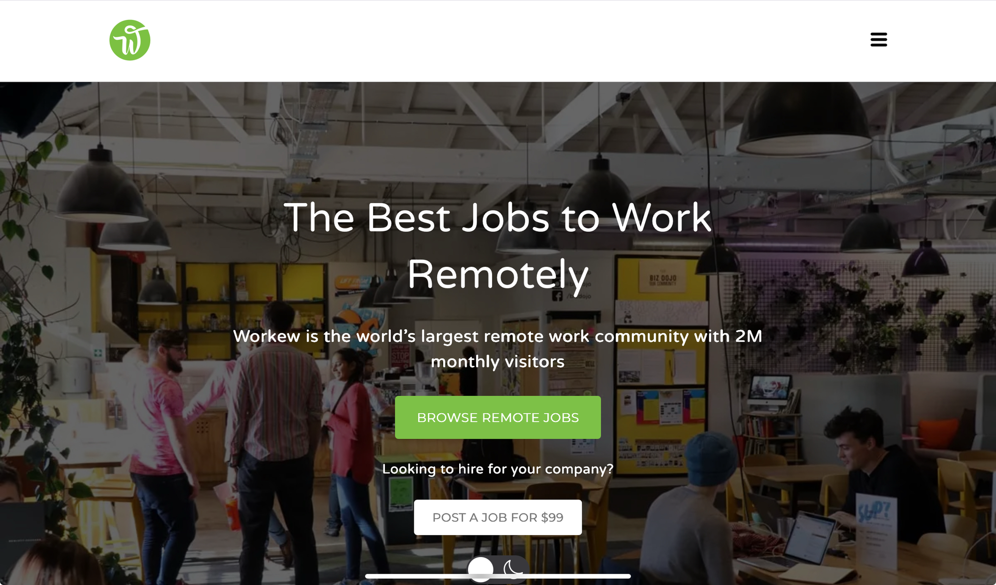 Homepage of Workew, with an image of a busy workplace and the tagline “The Best Jobs to Work Remotely.”