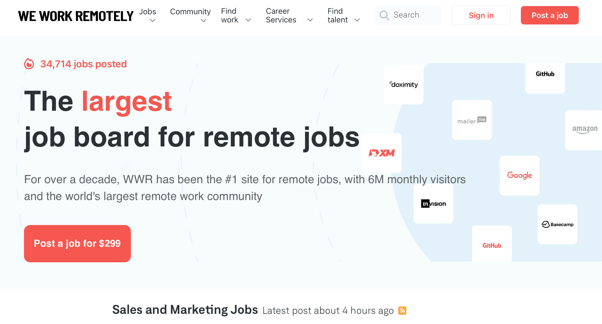 Homepage for WeWorkRemotely, with the logos of several mainstream companies and the tagline “The largest job board for remote jobs.”Homepage for WeWorkRemotely, with the logos of several mainstream companies and the tagline “The largest job board for remote jobs.”