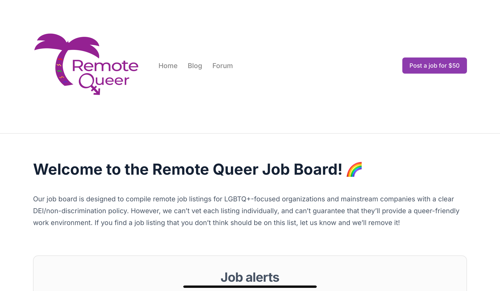 Home page of the Remote Queer job board.