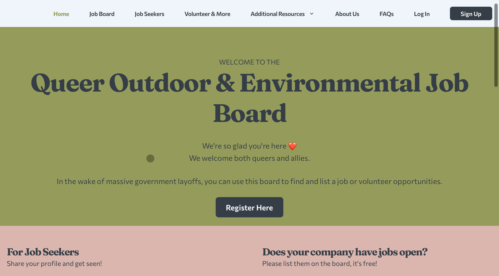 Homepage of the Queer Outdoors job board
