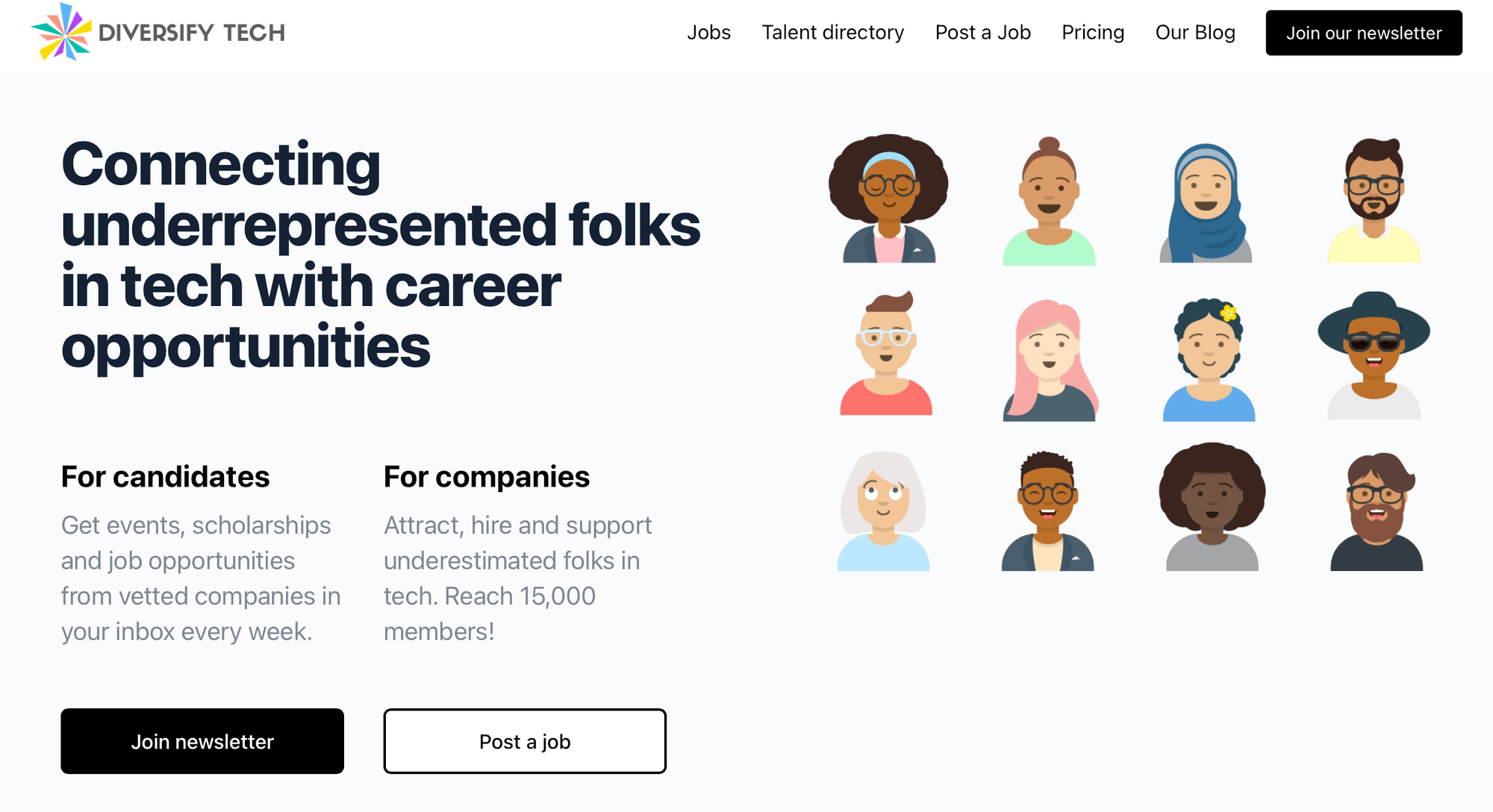 Homepage of Diversify Tech: a grid of 12 diverse people drawn in a cartoon style, with the tagline “Connecting underrepresented folks in tech with career opportunities.”Homepage of Diversify Tech: a grid of 12 diverse people drawn in a cartoon style, with the tagline “Connecting underrepresented folks in tech with career opportunities.”