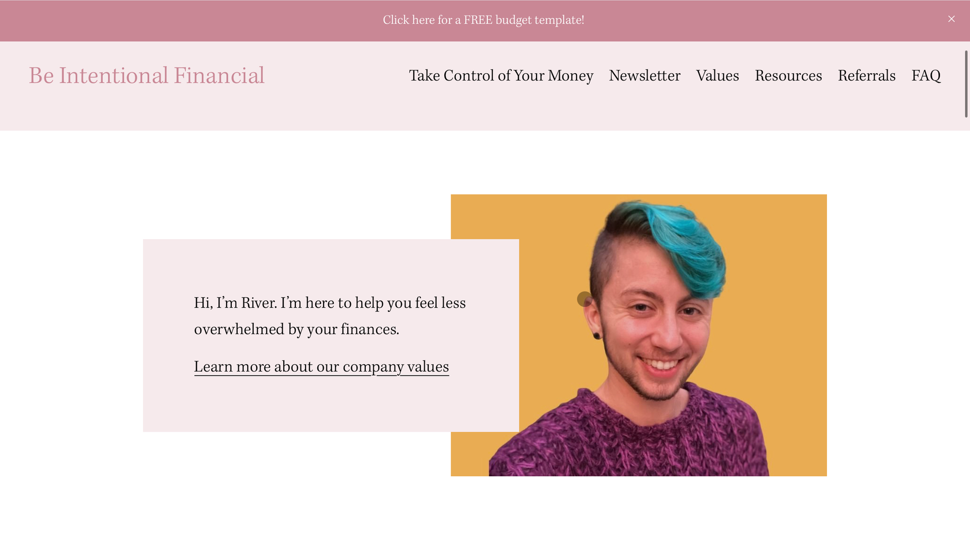 Homepage for Be Intentional Financial, featuring an image of a person with short blue wavy hair, an earring, and a purple sweater.