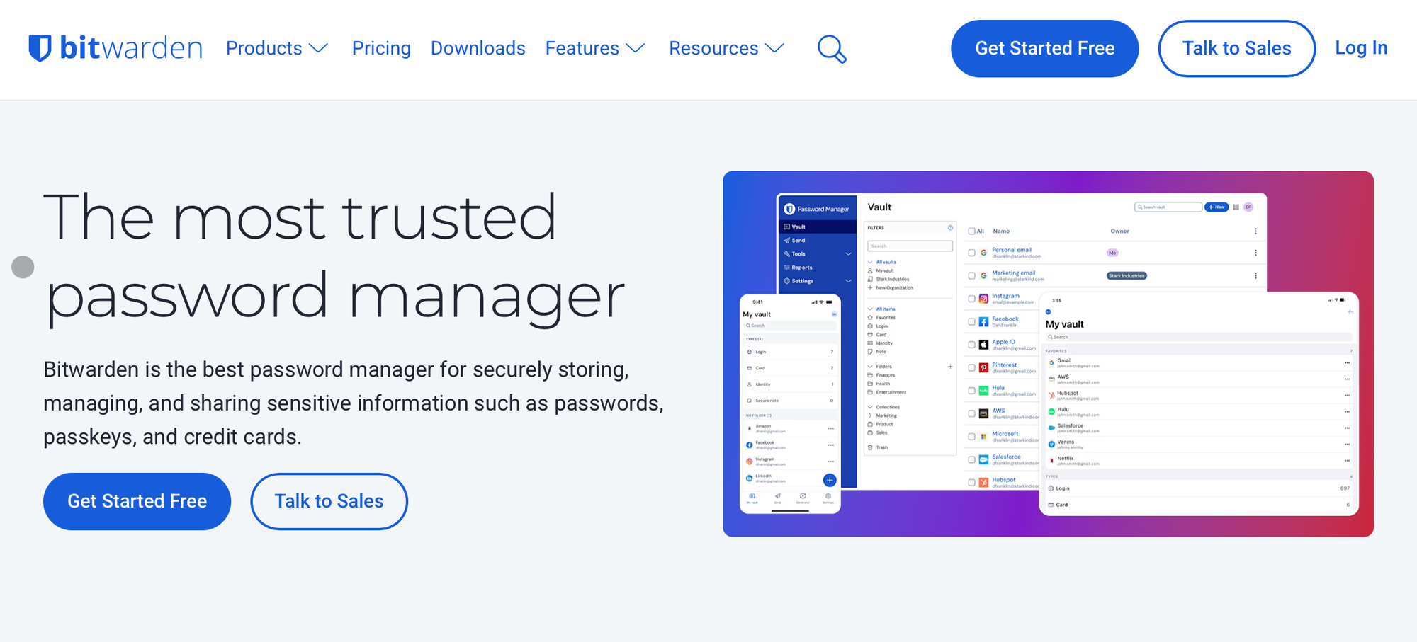 Website for Bitwarden, with an image of a password vault and text that reads “the most trusted password manager.”