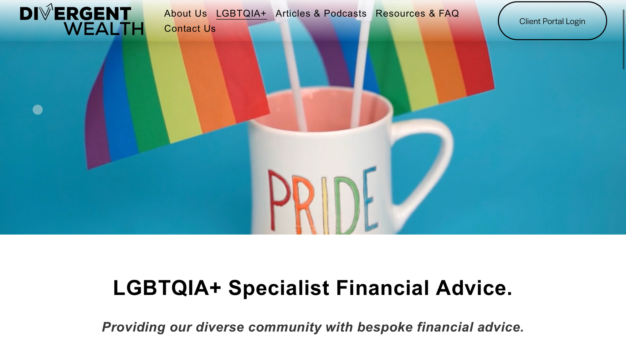 Homepage for Divergent Wealth with a mug that says “Pride” with two rainbow flags in it.