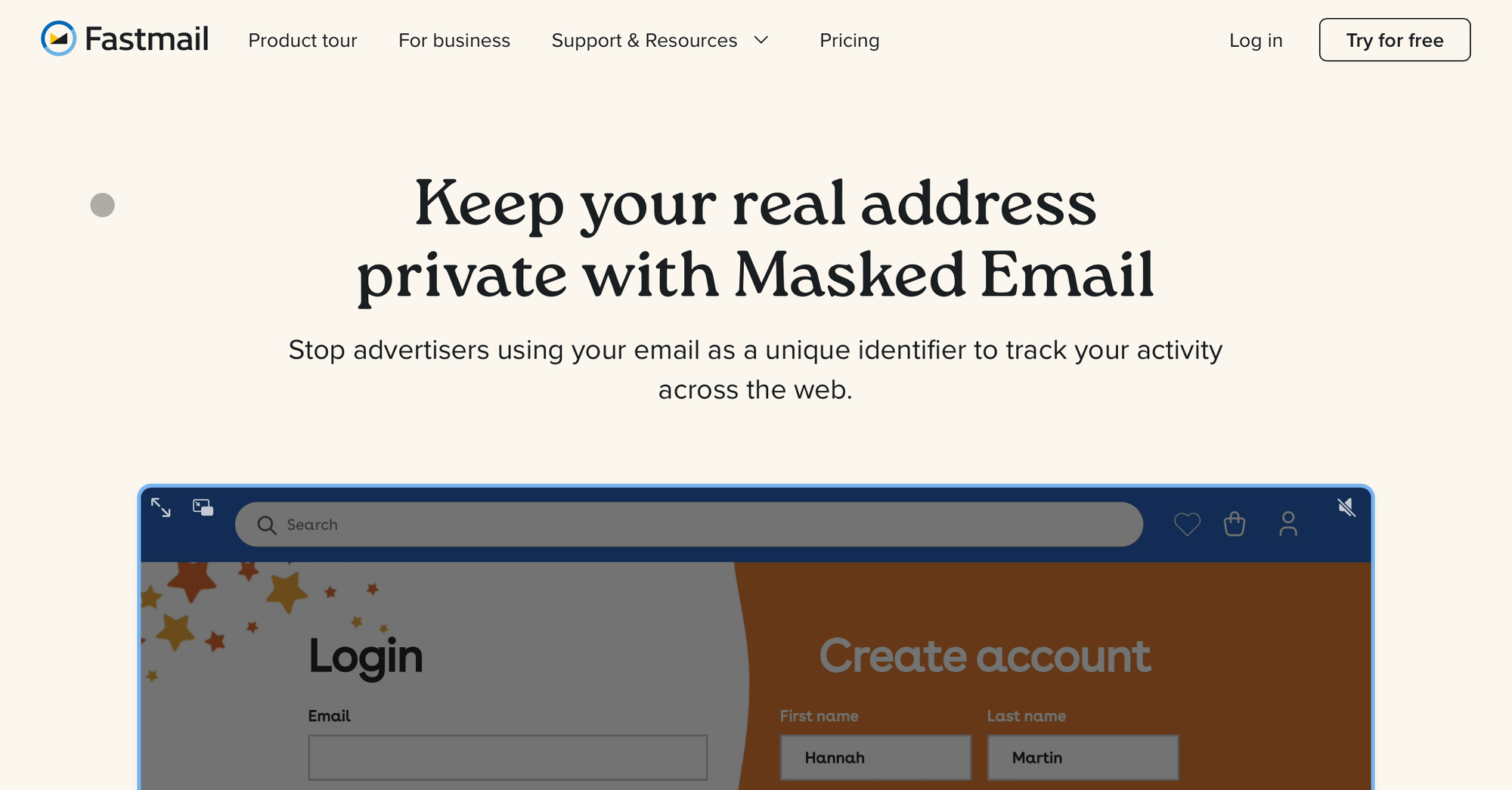 Website for Fastmail, with an image of a login page and text that reads “Keep your real address private with Masked Email.”