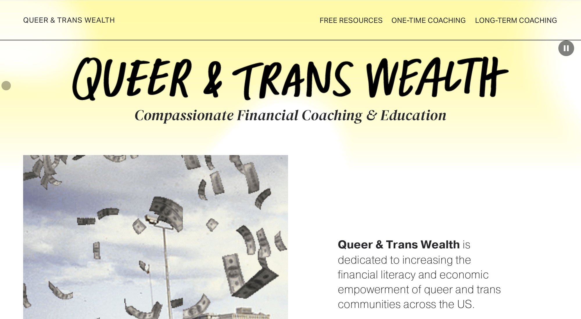 Homepage for Queer & Trans Wealth, with an image o dollar bills floating through the air.