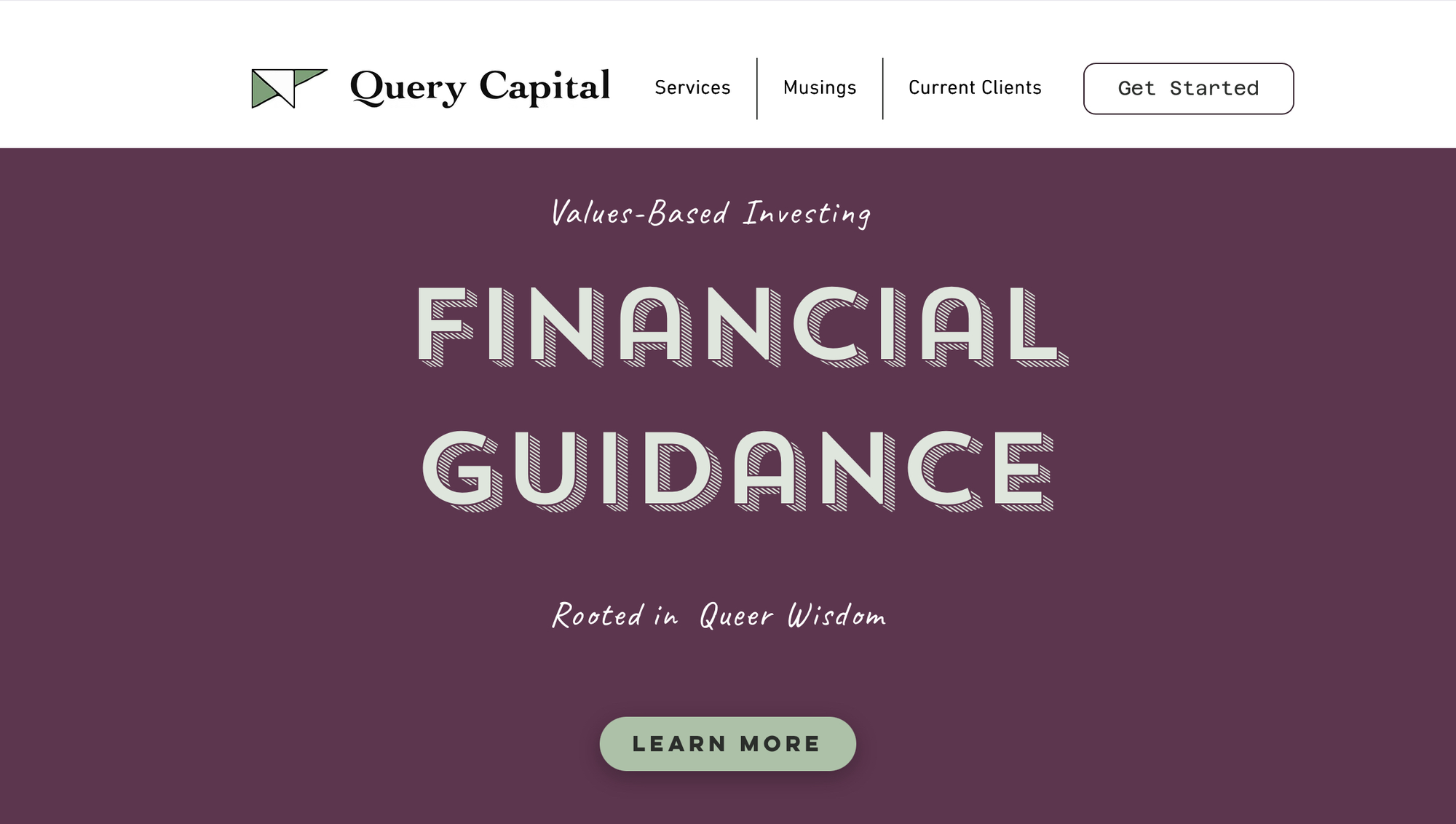Homepage for query capital, with a purple background and text promising “Financial Guidance Rooted in Queer Wisdom”