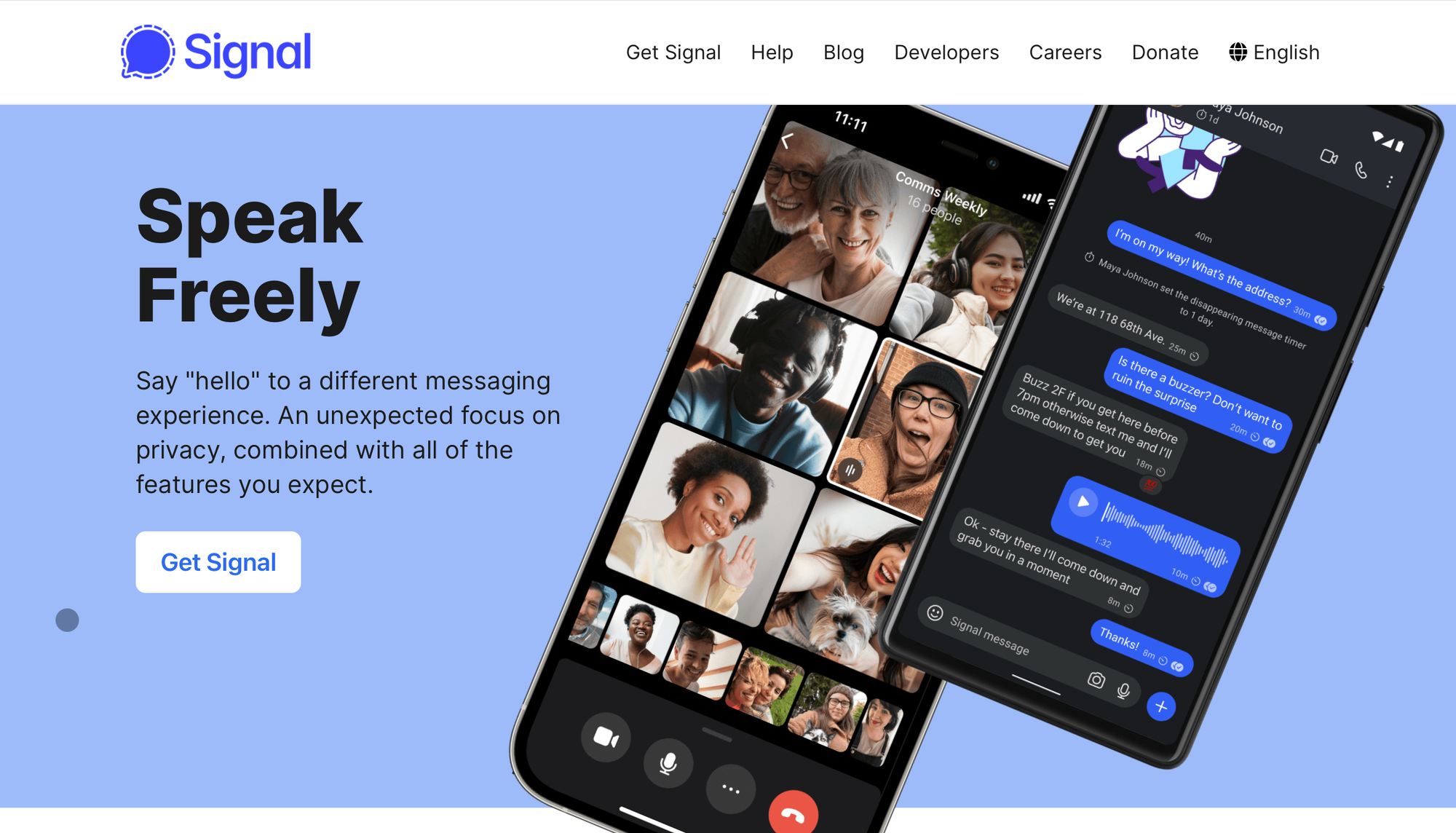 Website for Signal Messenger that says “Speak Freely” with images of a smartphone messenger app.