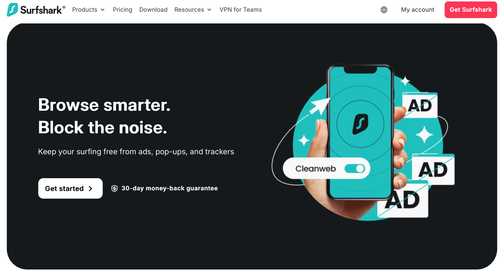 Webpage for Surfshark with an image of a hand holding a mobile phone. The copy reads “Browse smarter. Block the noise.”