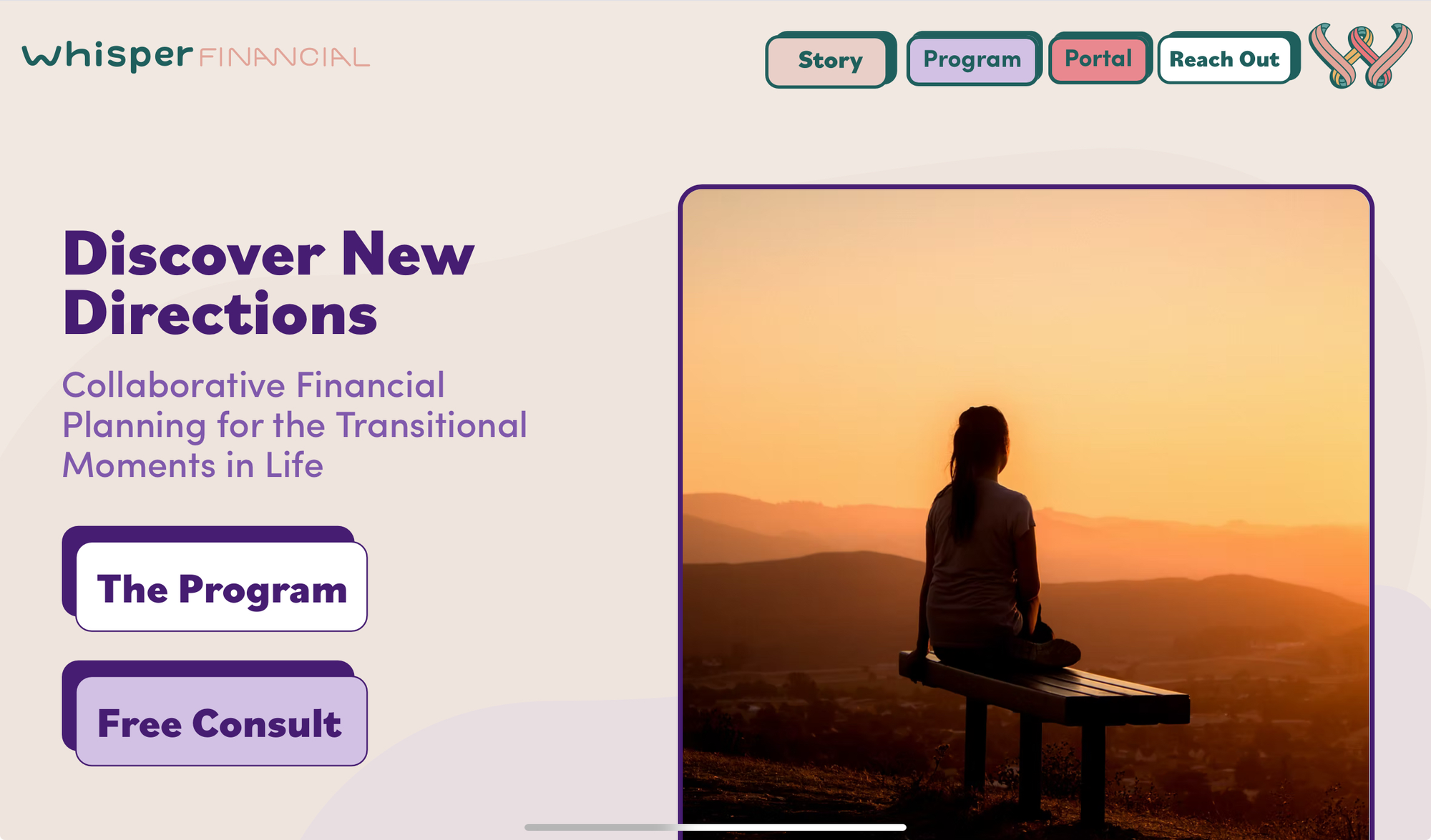 Homepage for Whisper Financial, with a photo of a person sitting on a bench overlooking a sunset over the mountains.