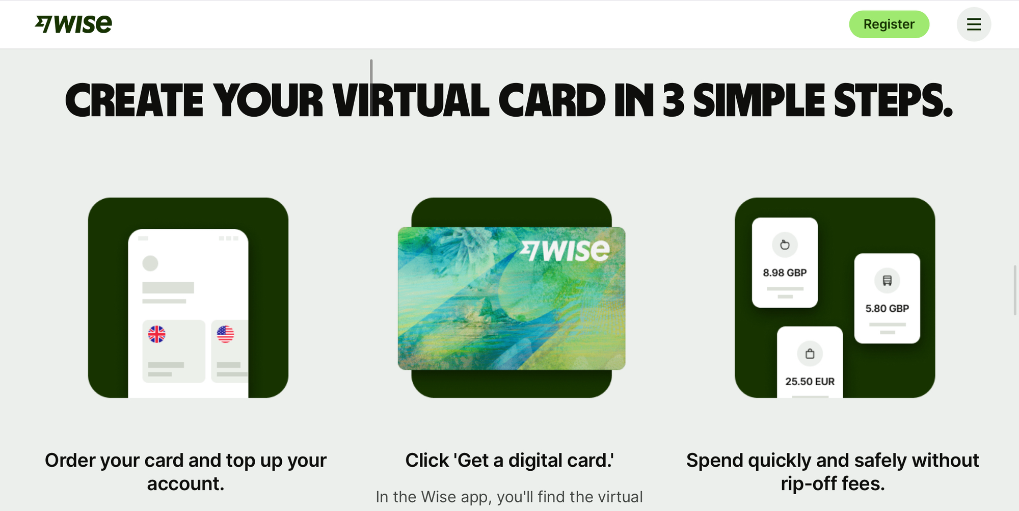 Webpage from Wise, with a header that reads “Create your virtual card in 3 simple steps” and their respective icons.