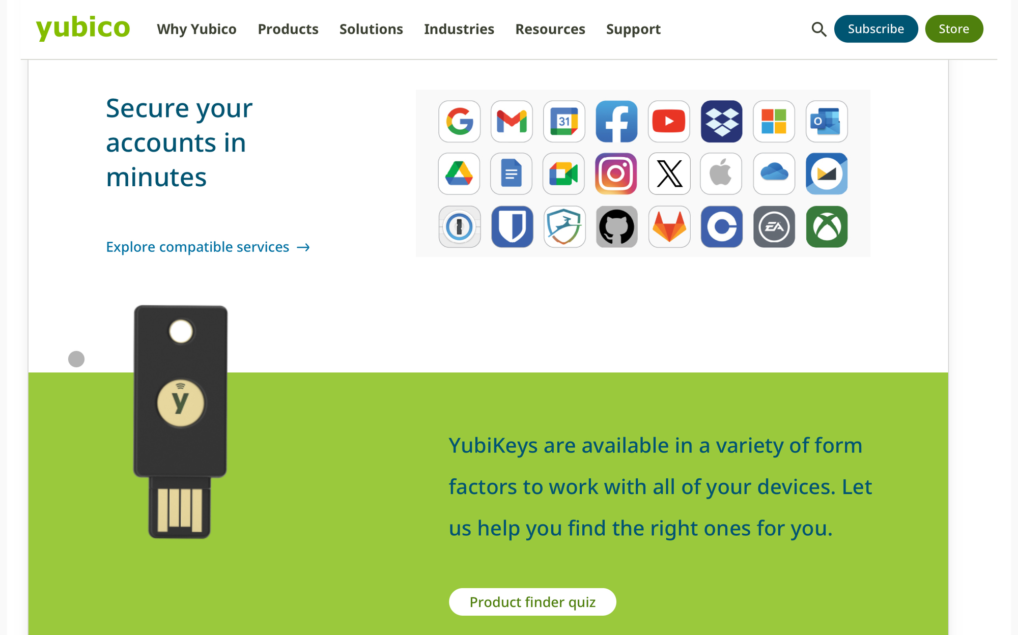Webpage for Yubico with icons from various websites that says “secure your account in minutes.”