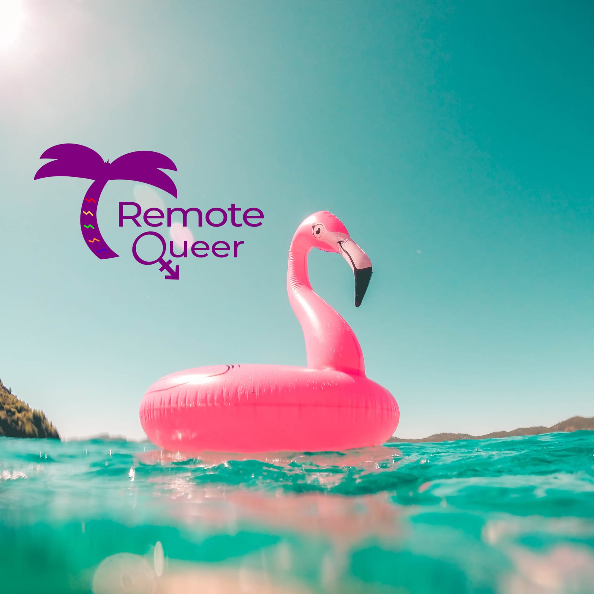 Image of a pink flamingo inner tube on the surface of water in front of a blue sky. The Remote Queer logo (purple with a palm tree) appears in the upper left.