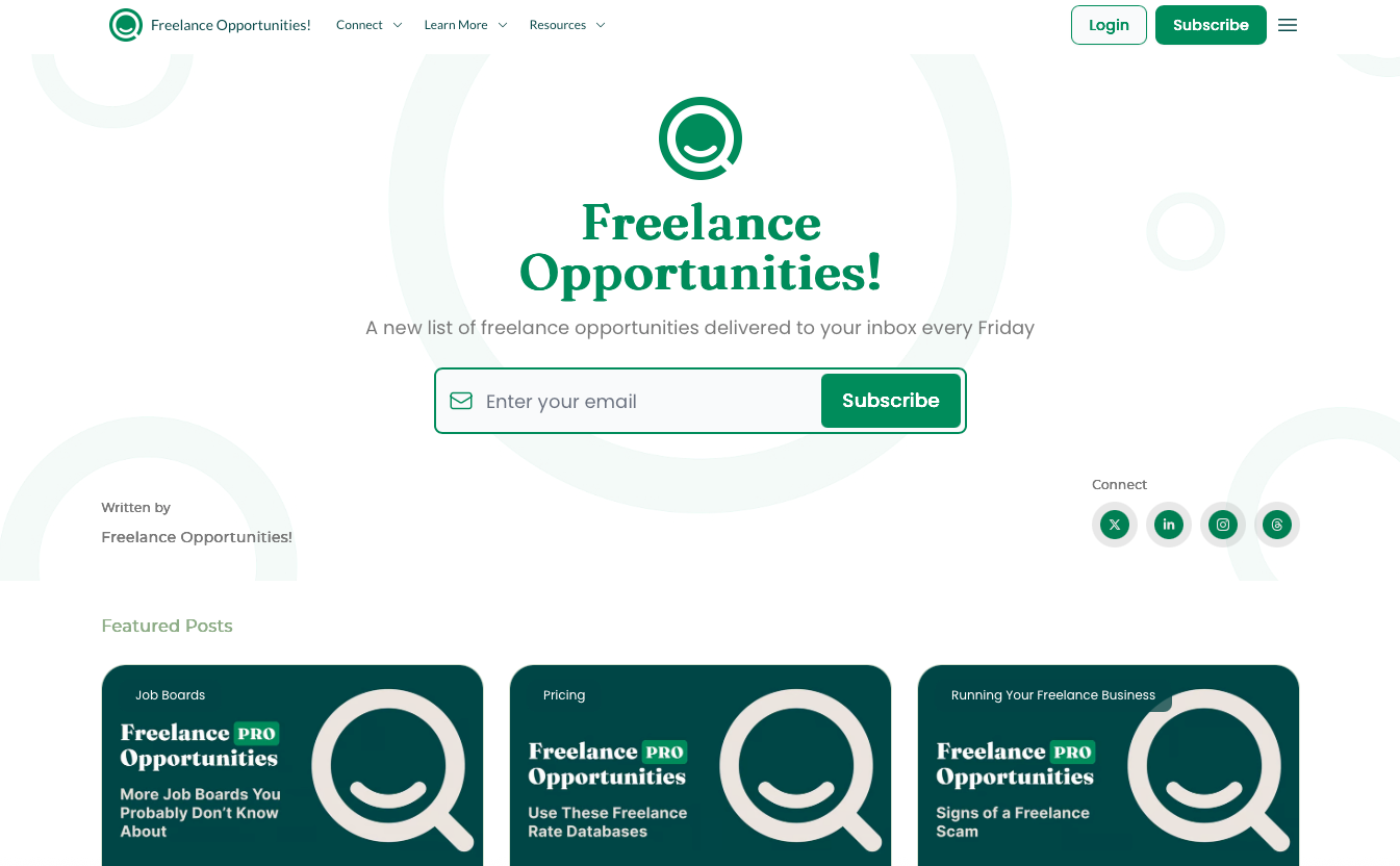 Homepage for Freelance Opportunities!, with the tagline, “A new list of freelance opportunities delivered to your inbox every Friday”