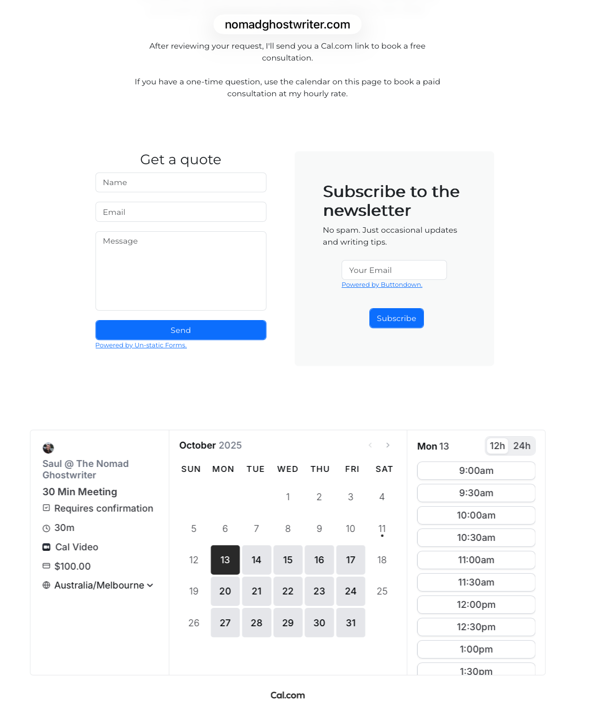 A web page screenshot, showing a "Get a quote" form on the top-left with name/email/message fields, a "Subscribe to the newsletter" form with an email field, and a date/time selector across the bottom to book appointments
