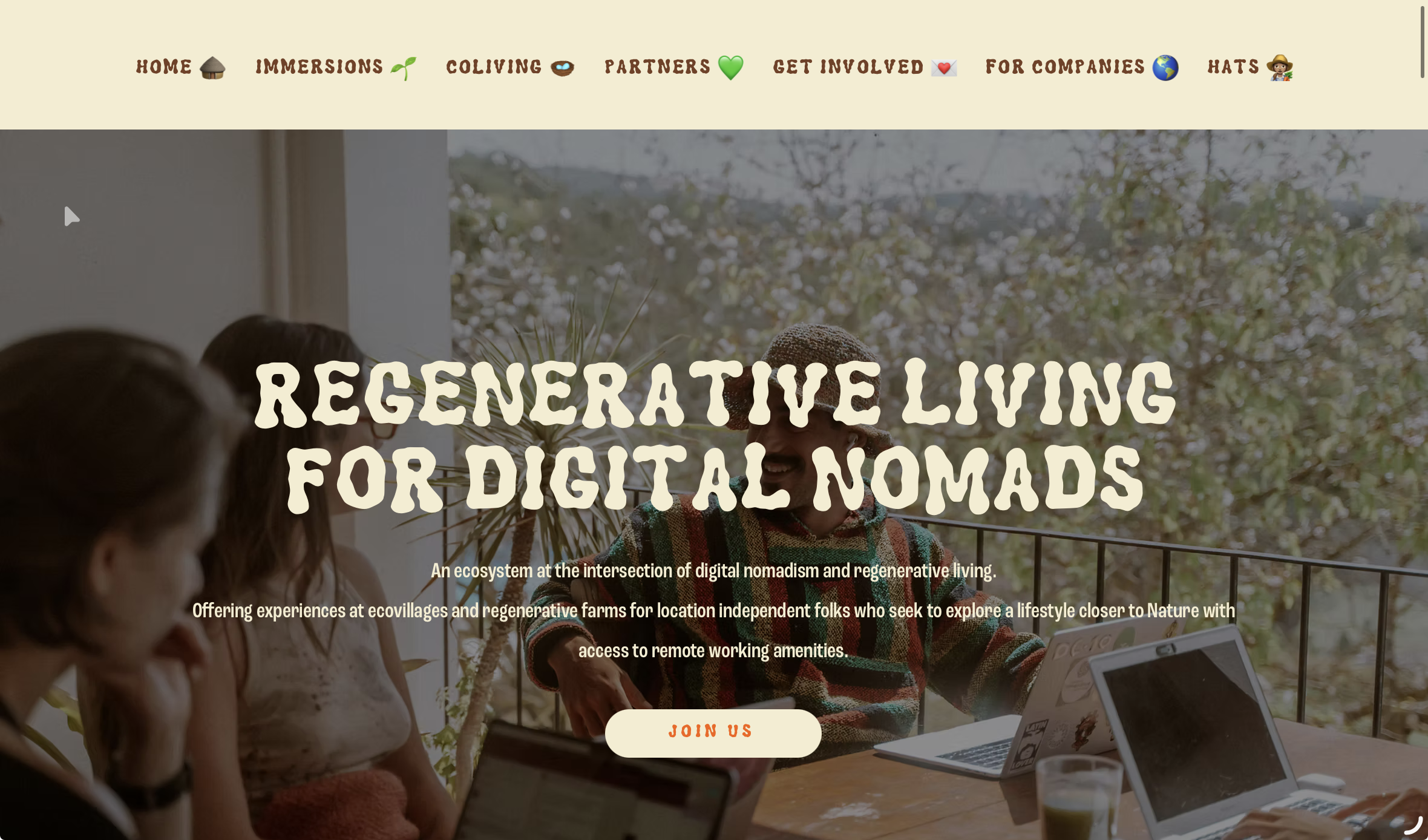Website for Nomad Farm, with several people sitting in front of their laptops and a tag that reads “Regenerative Living for Digital Nomads”.