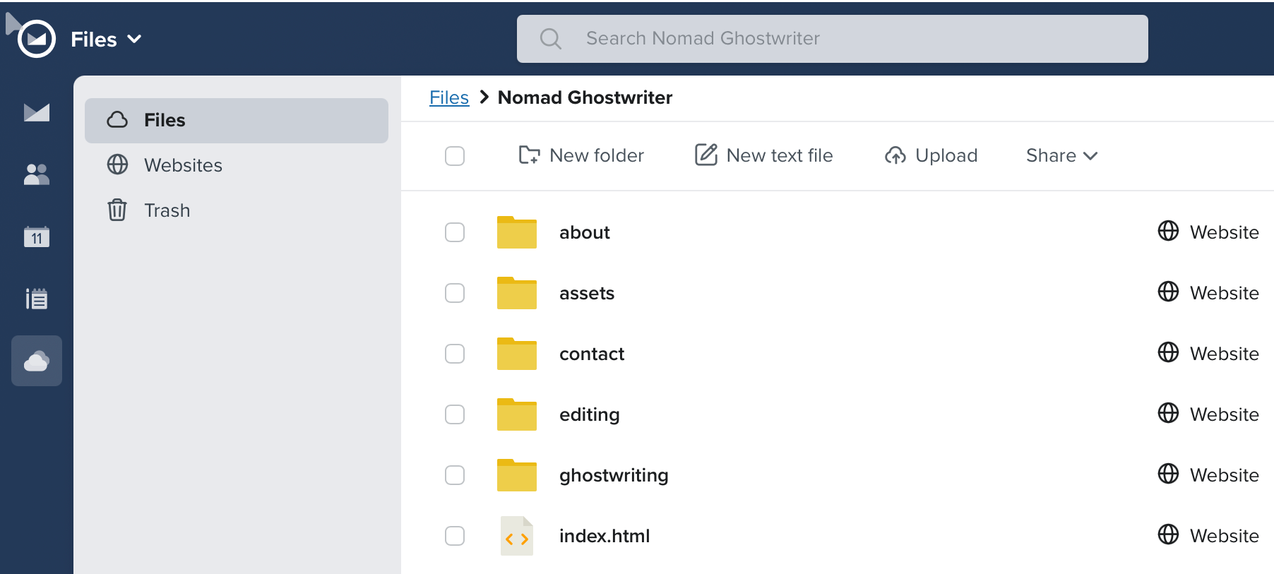 A screenshot of Fastmail's Files section, showing several folders and files in the "Nomad Ghostwriter" website folder