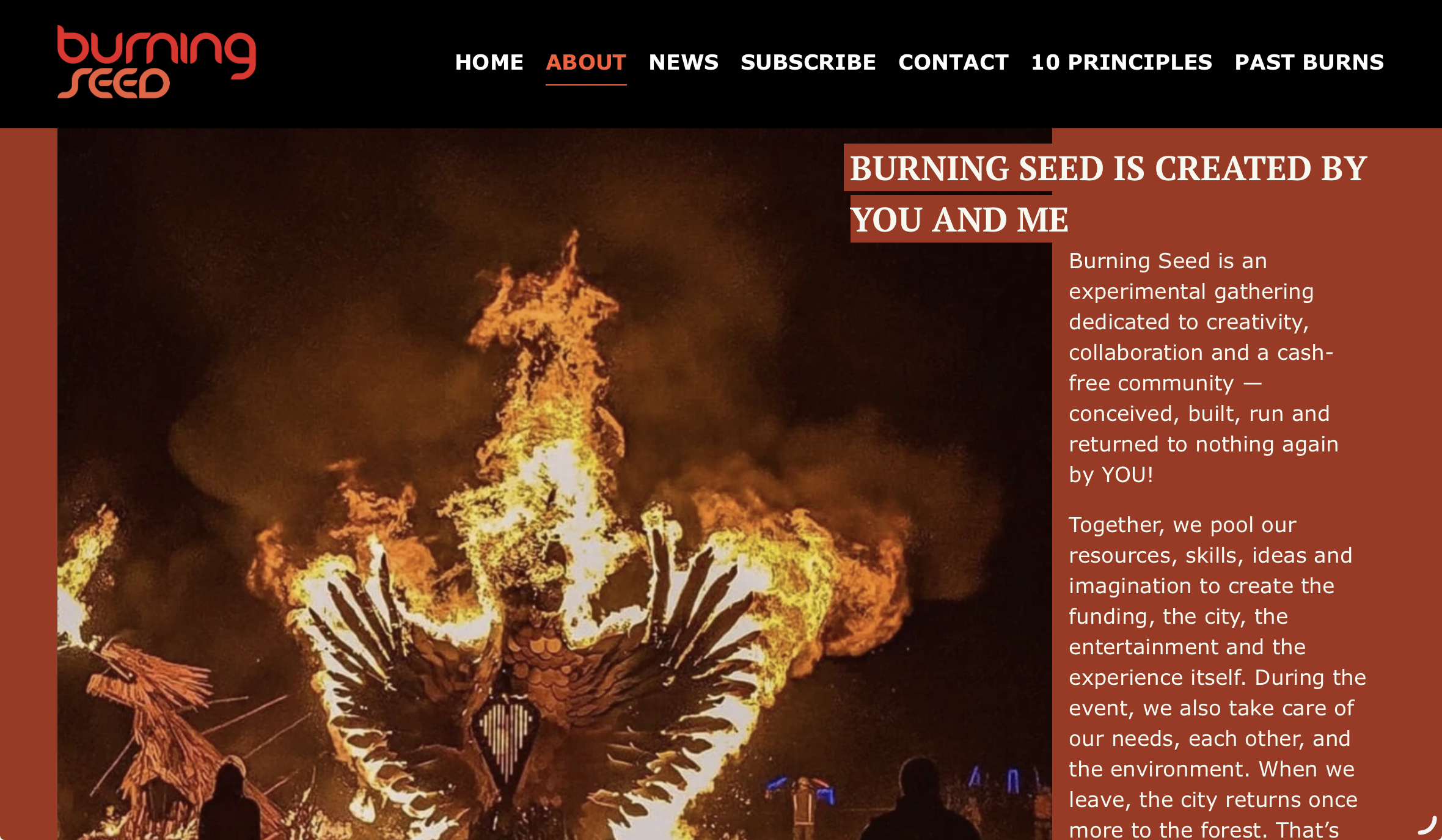 Homepage of Burning Seed, which says “Burning Seed is created by you and me” and has an image of a wooden bird sculpture on fire.