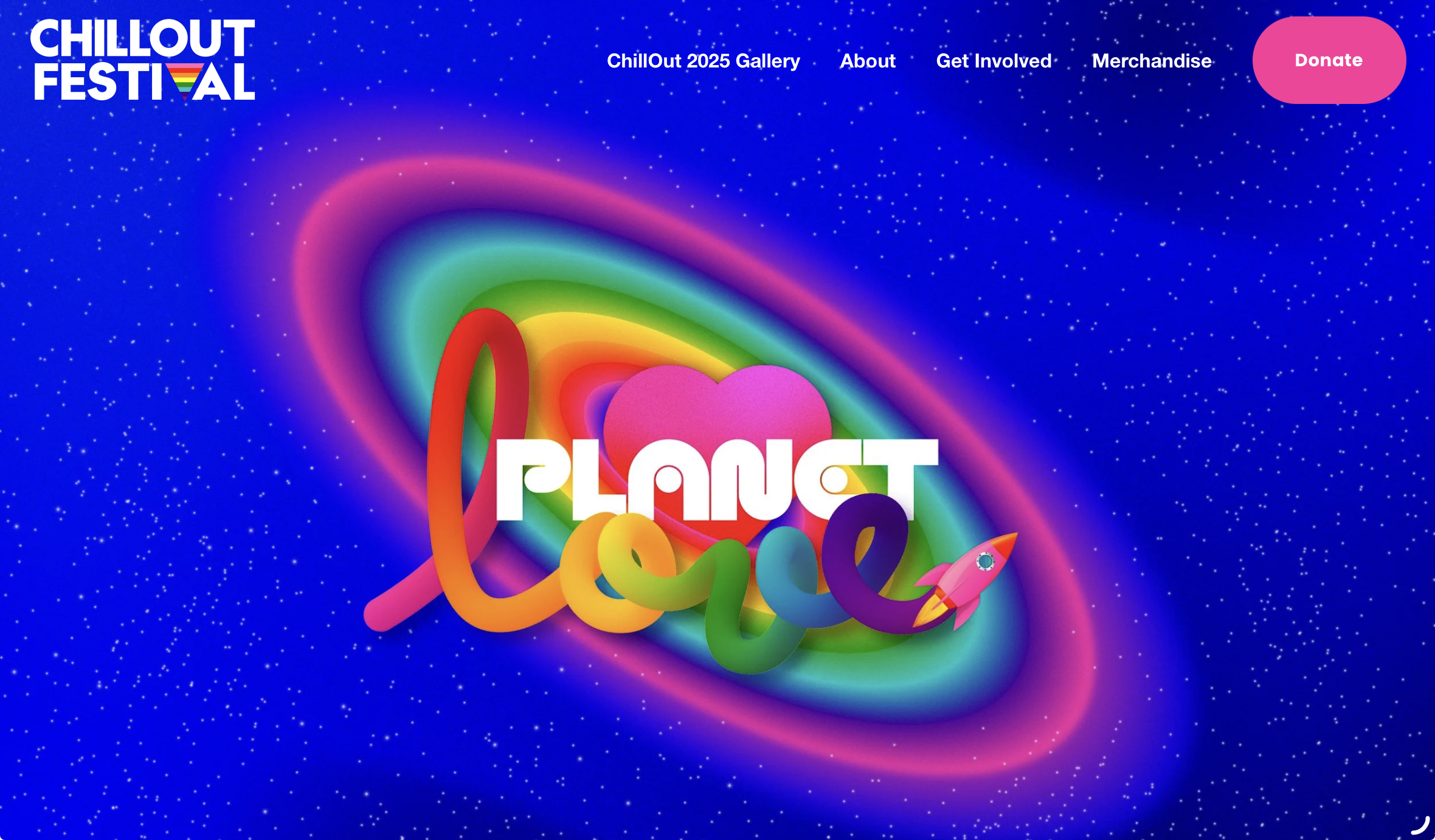 Homepage for ChillOut Festival, with an image of a rainbow-colored solar system and stylized text that reads “Planet Love”.