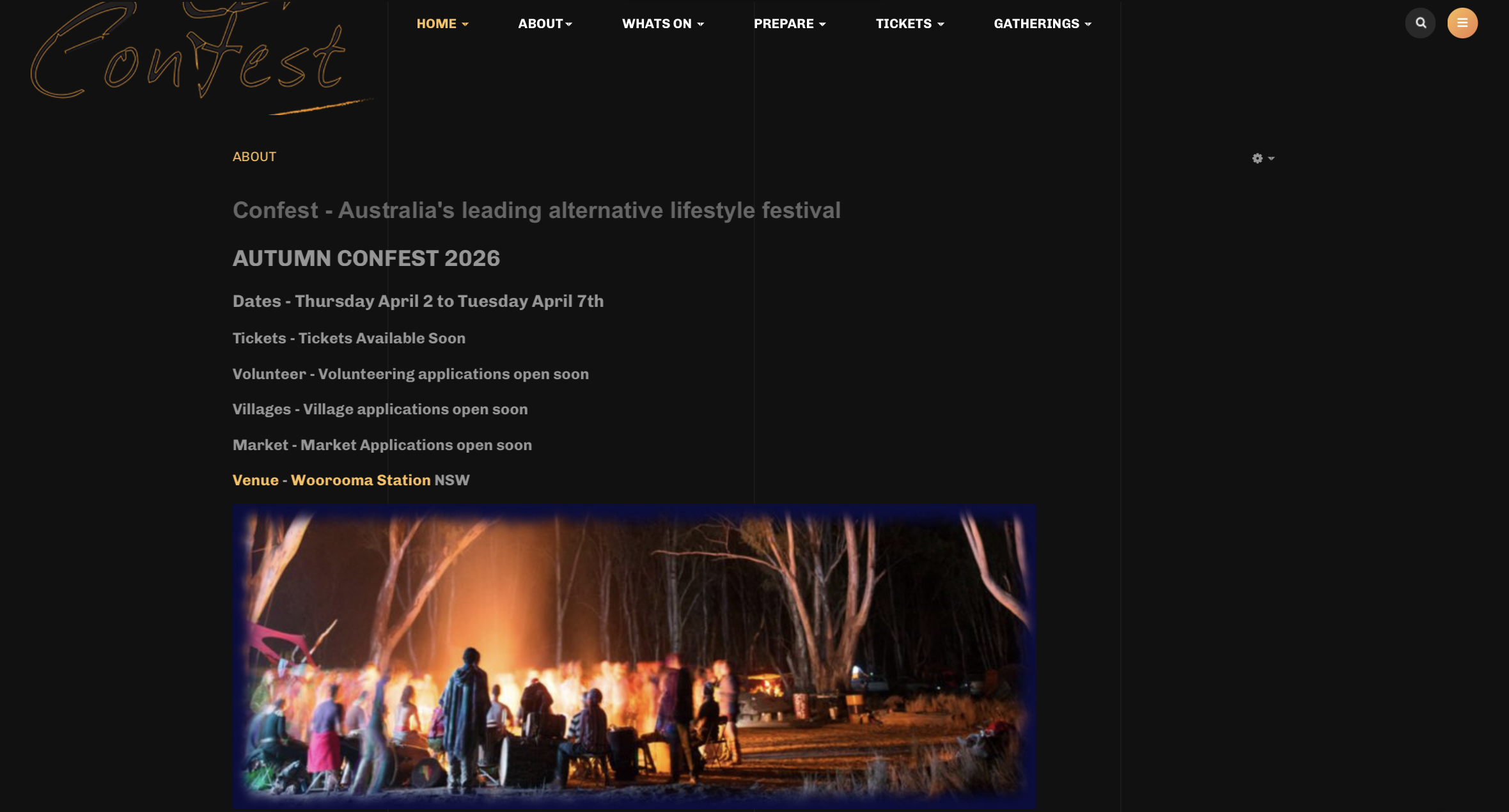 Homepage of Confest, which says “Australia’s leading alternative lifestyle festival” and has a picture of a crowd around a bonfire.