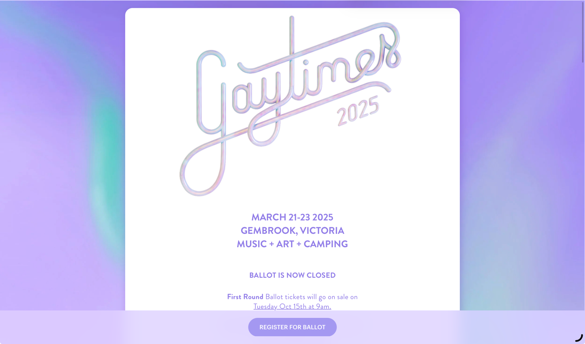 Homepage for Gaytimes 2025, with a purple backdrop.