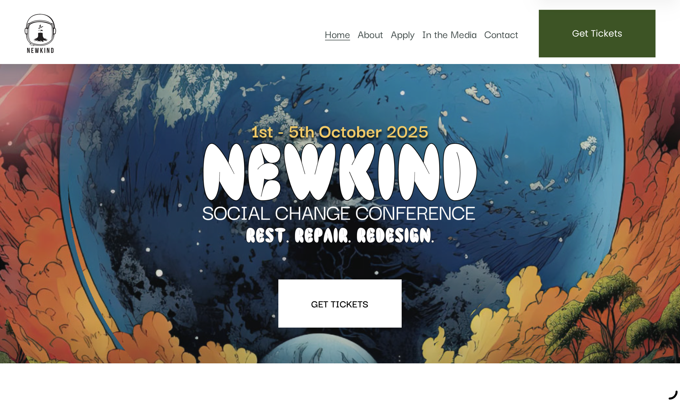 Homepage for Newkind Social Change Conference, with an image of a globe surrounded by trees.