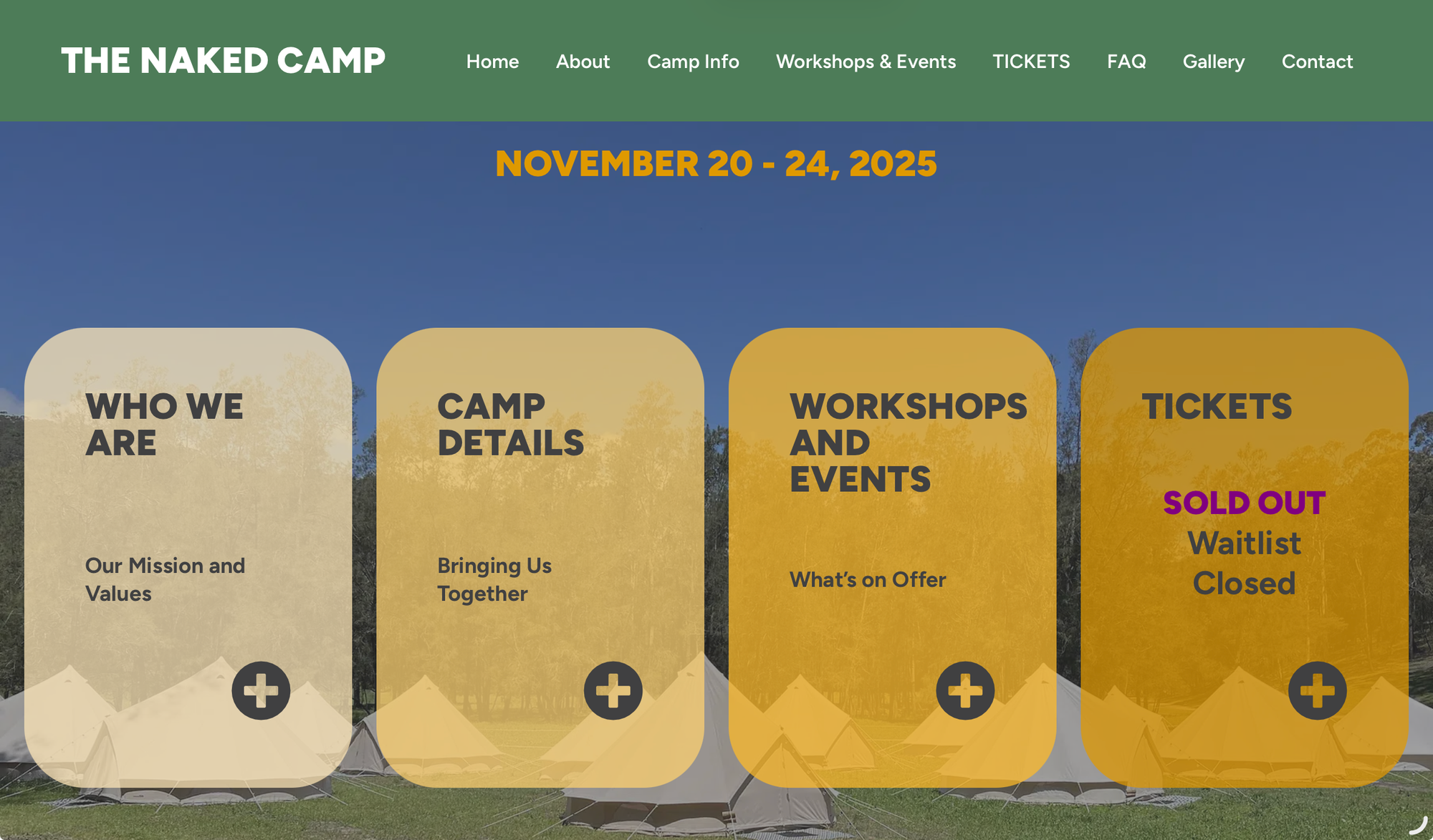 Homepage for The Naked Camp, with “Camp Details” in the foreground and an image of glamping tents in the background.