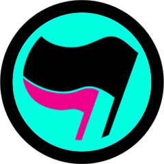 black circle with with two flags in it on a teal background. top flag is black. bottom flag is hot pink.