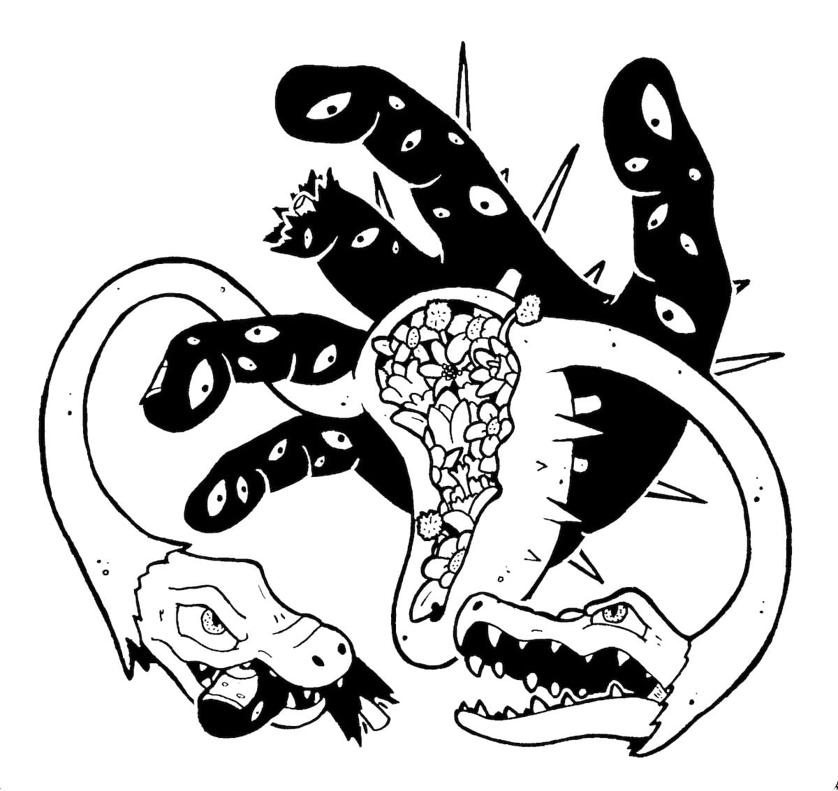 A surreal black and white inkwork of a uterus filled with flowers and ovaries with creature faces. A hand covered in eyes is reaching to grab it. Spikes are coming out of the uterus to stab the hand, and the ovary-creatures are defending the flowers by biting at the fingers.