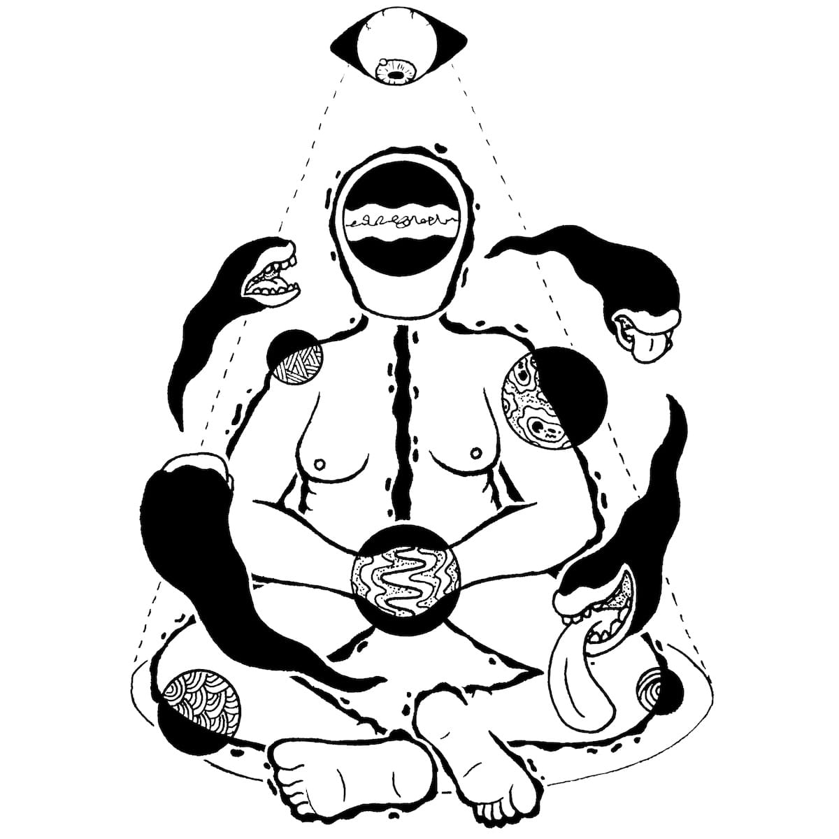 A black and white inkwork of a meditating figure. Different areas of the body are textured with different sensations. Four mouthed entities orbit the figure as a single eye watches the scene from above.