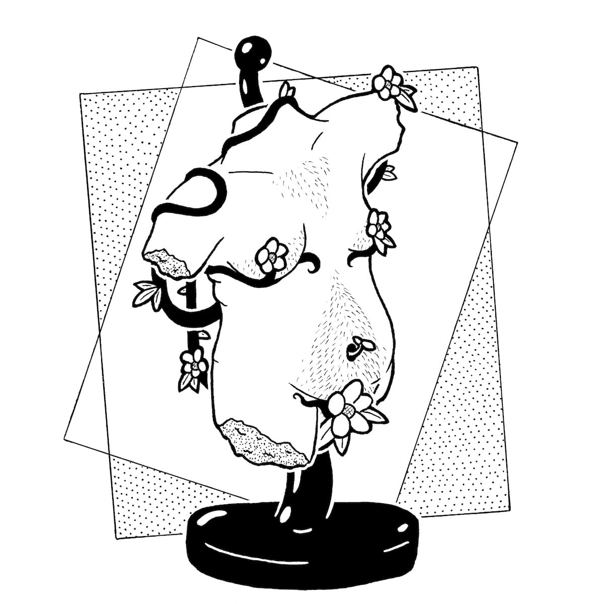 A black and white inkwork of a statue of a trans-masculine torso. Vines wrap around the sculpture and flowers are growing from the chest and between the legs.