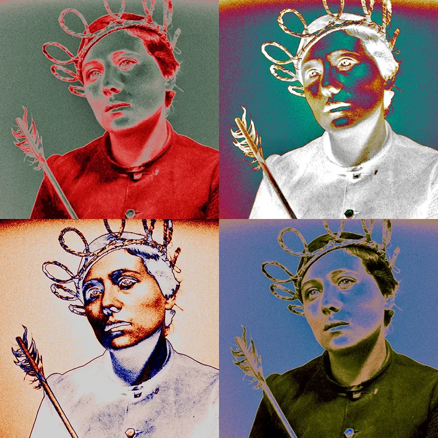 Joan of Arc looking forlorn, holding an arrow and wearing a vine crown, shown four times in different colors.