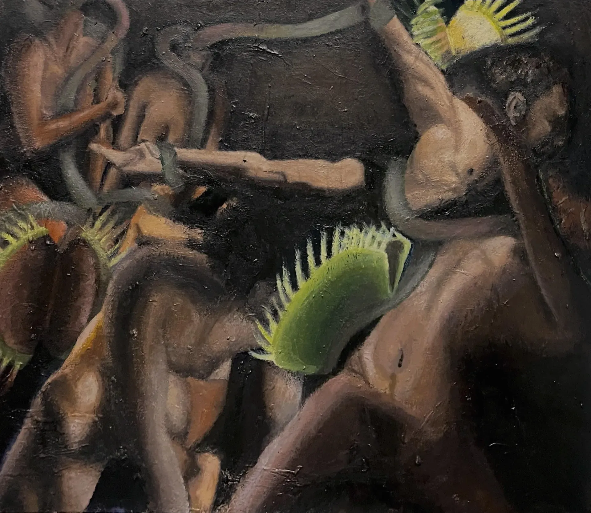 Oil painting of mostly faceless brown bodies that are unclothed and partially obscured. Their limbs are entwined with grey snake-like shapes, and there are a few green Venus Fly Trap flower shapes in the mix. The image is surreal, sensual, dark, primitive, and haunting.