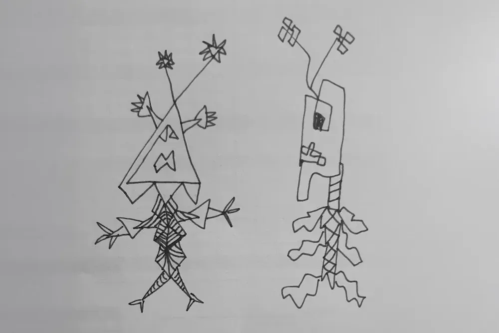 Self-drawn image of two abstract life forms.