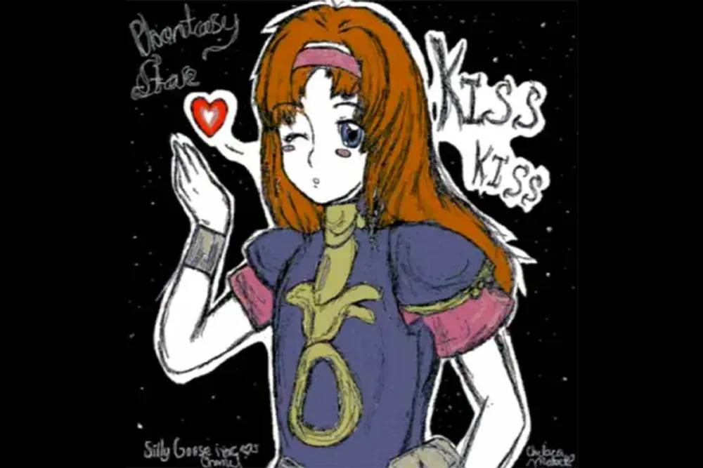 Illustration of the character Alis from the video game Phantasy Star saying "kiss kiss".