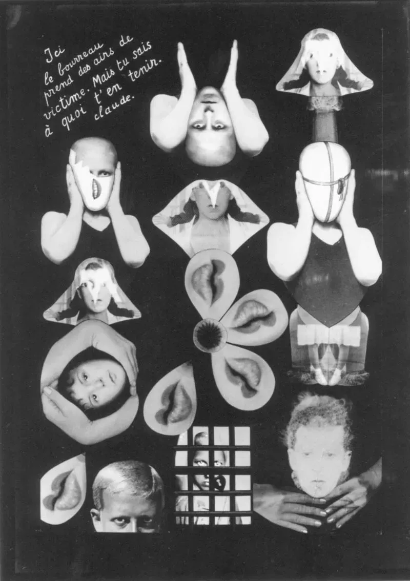 Photo collage with several different images of Claude Cahun's head. In most of them she is using her hands to frame her face.