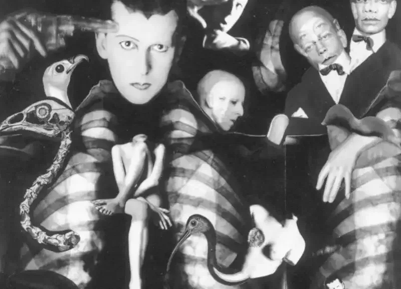 Portion of a surreal photomontage, which shows Claude Cahun with a gun against her head, several birds, and other face.