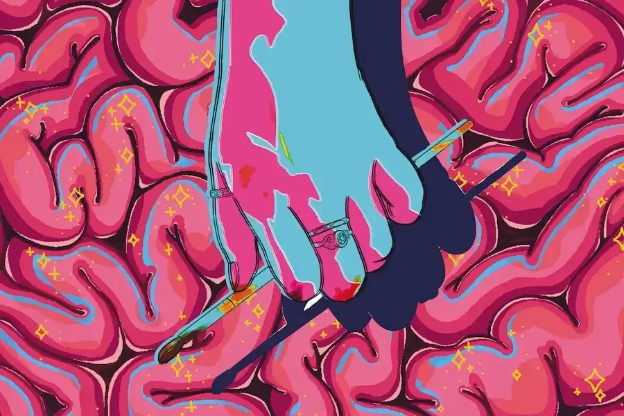 A neon-colored digital painting of a hand holding a paintbrush over a glittery intestine-patterned background.