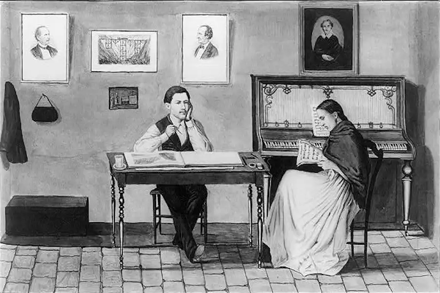 An 1800s living room. A man sits at a desk with an open book watching a woman who is holding sheet music for La Traviata. There is a piano against the far wall, and several paintings.