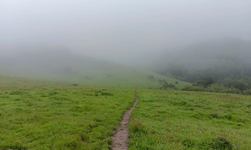 single track vanishing into low fog covered hills