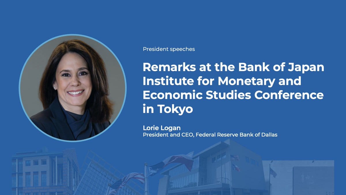 Circular portrait of Lorie Logan on blue background with text about her remarks at the Bank of Japan Institute for Monetary and Economic Studies Conference in Tokyo.